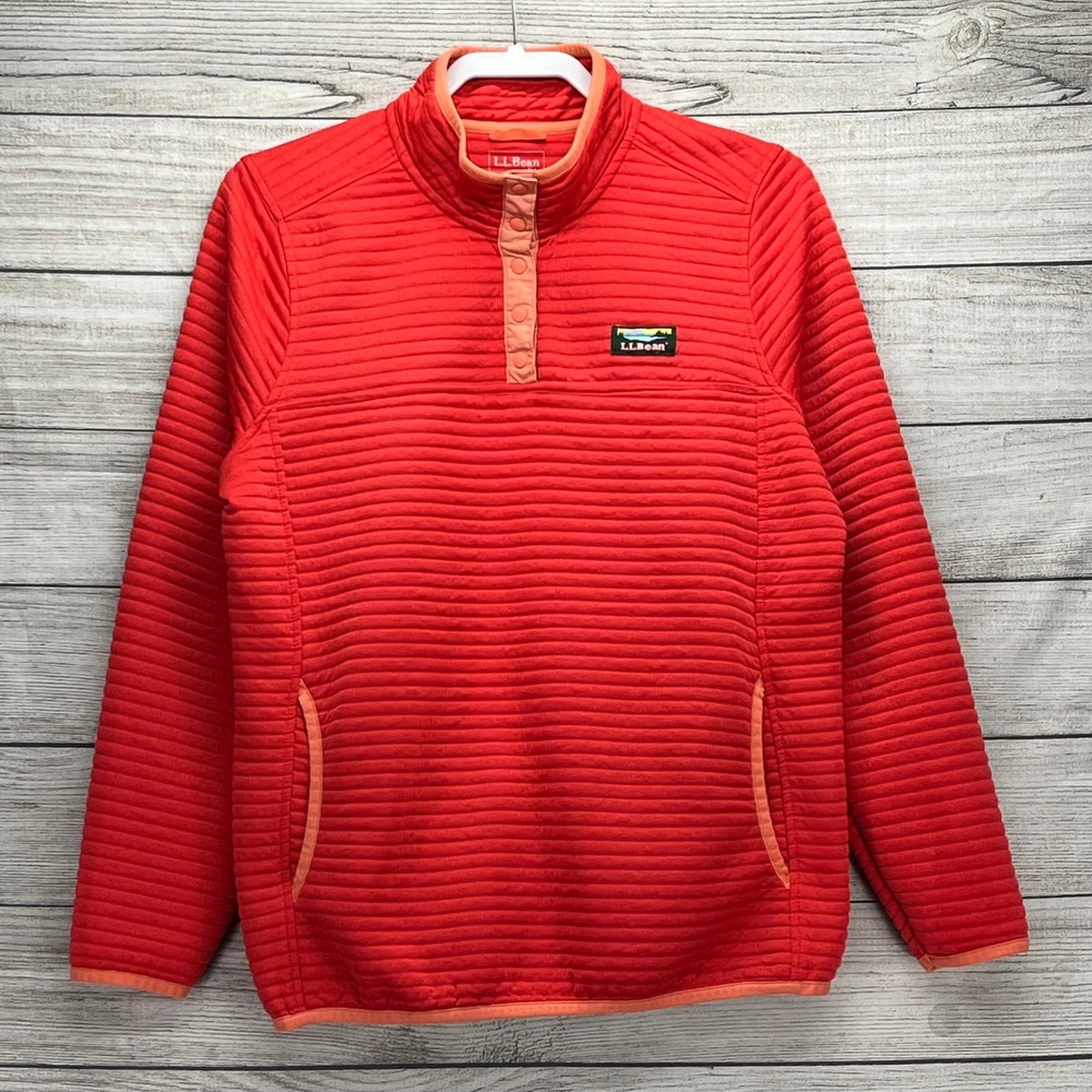 LL Bean Womens Quilted Sweatshirt Red Snap Neck Pullover 506463 L REG